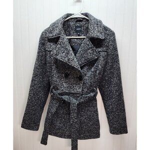 Rampage Womens Black & White Tweed Belted Peacoat With Double-Breasted Button Fr